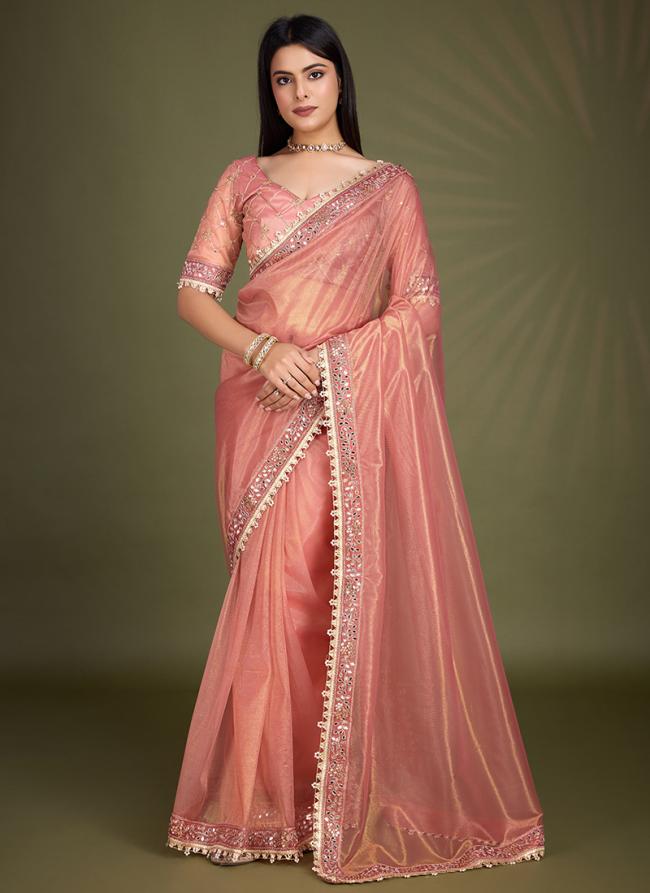 Gold Infused Twill Peach Party Wear Embroidery Work Saree